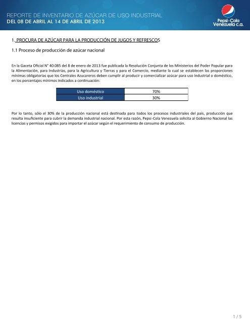 reporte de inventario de azúcar de uso industrial - Empresas Polar