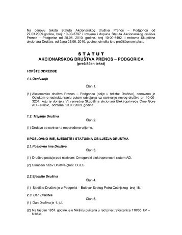 statut akcionarskog društva prenos – podgorica - Crnogorski ...