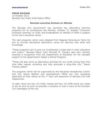PRESS RELEASE 19 October 2012 Navotas City Public Information ...