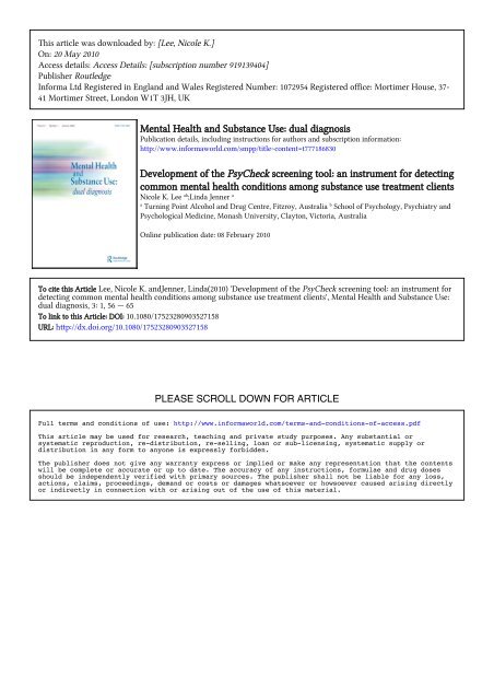 Development Of The Psycheck Screening Tool An Instrument For
