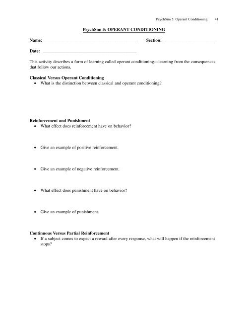 Operant Conditioning Worksheet