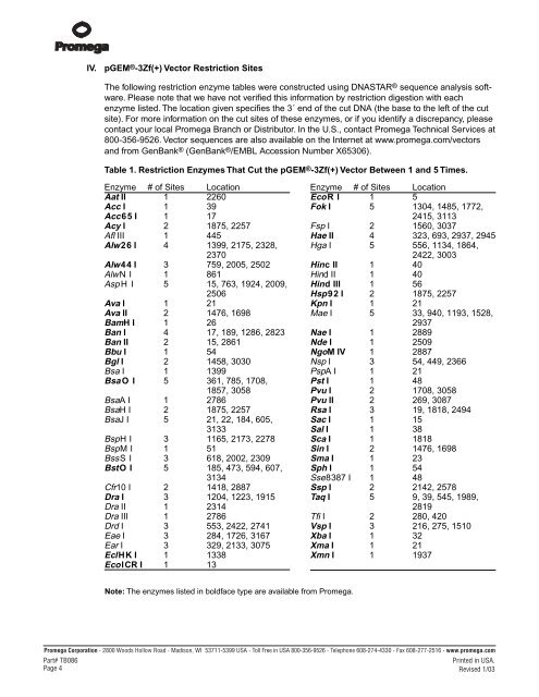 pGEMÂ®-3Zf(+) Vector Technical Bulletin, TB086 - Gene Synthesis