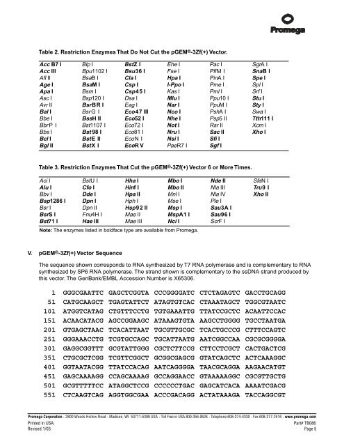 pGEMÂ®-3Zf(+) Vector Technical Bulletin, TB086 - Gene Synthesis