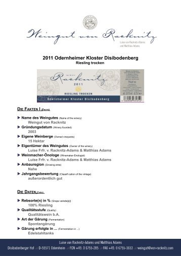 Expertise - Disibodenberg 2011 - Weingut von Racknitz