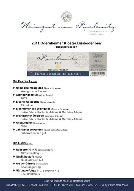 Expertise - Disibodenberg 2011 - Weingut von Racknitz