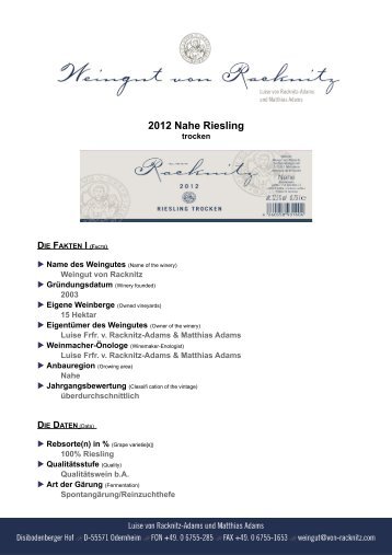 2012 Nahe Riesling trocken - Weingut von Racknitz
