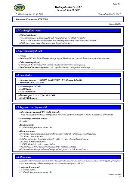 Materjali ohutusleht - Zep Eesti OÃ
