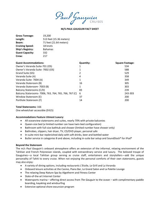 m/s Paul Gauguin Fact Sheet - Paul Gauguin Cruises