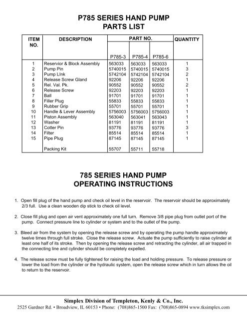 785 hand pumps - Simplex