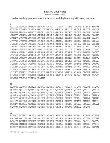 Five-letter words using J,Q,X or Z - Pittsburgh Scrabble® Club