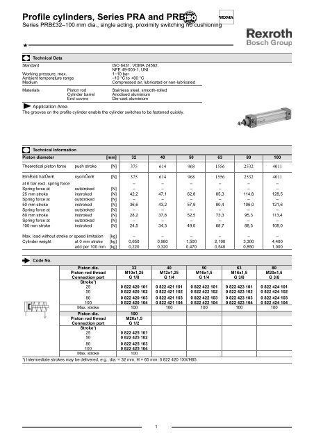 Profile cylinders, Series PRA and PRB - Bosch Rexroth