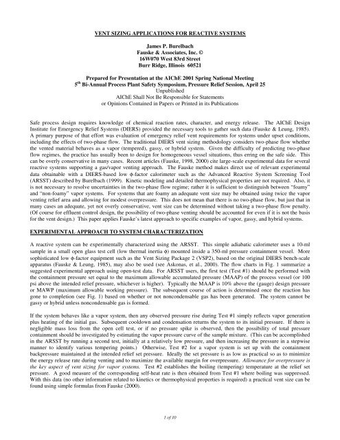 Vent Sizing Applications for Reactive Systems - Fauske ...