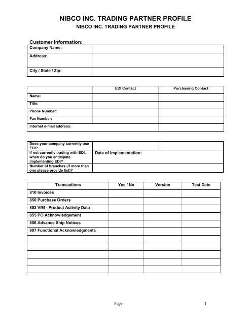 NIBCO INC. TRADING PARTNER PROFILE