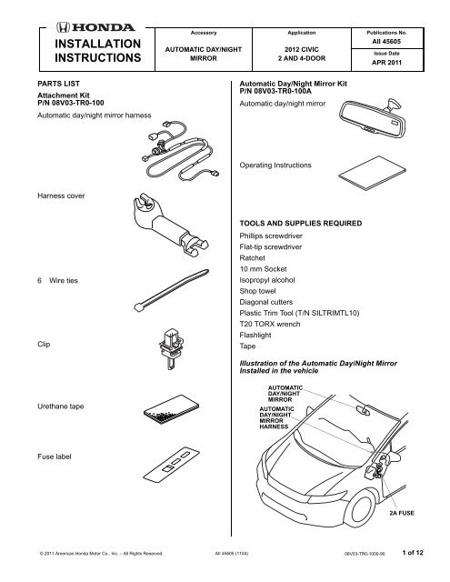 INSTALLATION INSTRUCTIONS Honda Parts Now