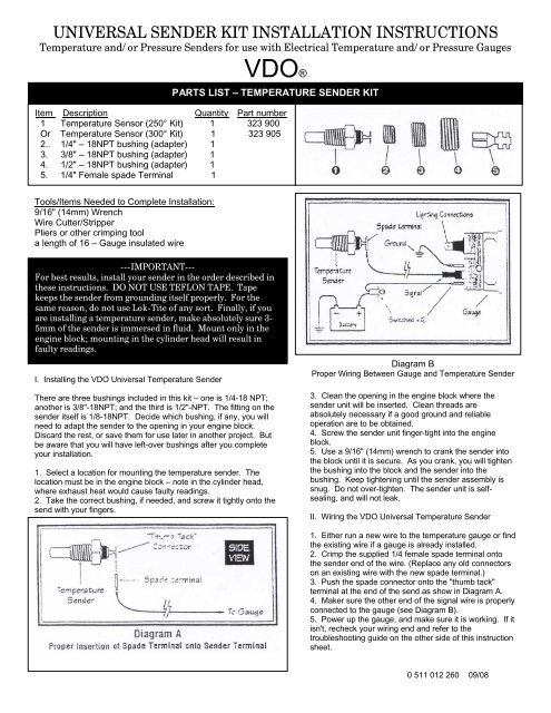 VDO Universal Sender Kit Instructions