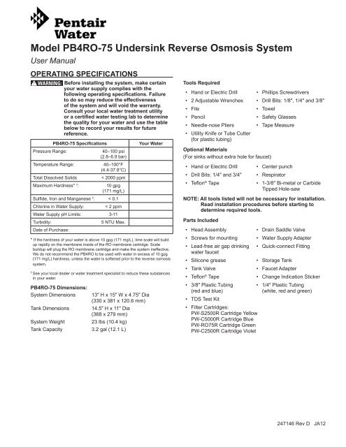 RO Quick Change Manual PB4RO-75 - Pentair Residential Filtration