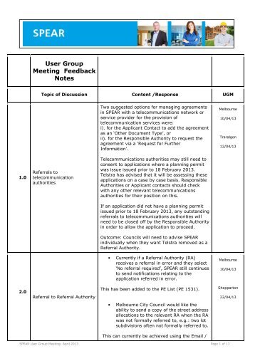 User Group Meeting Feedback Notes - Spear