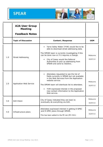 A2A User Group Meeting Feedback Notes - Spear