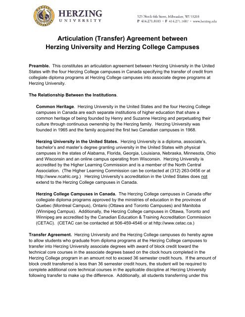 Articulation (Transfer) Agreement between Herzing University and ...