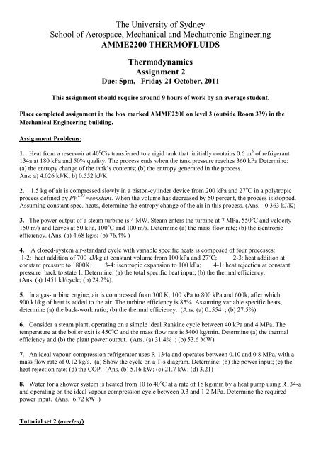 Amme2200 Thermofluids Thermodynamics Assignment 2