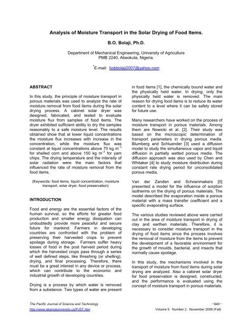 Analysis of Moisture Transport in the Solar Drying of Food Items.