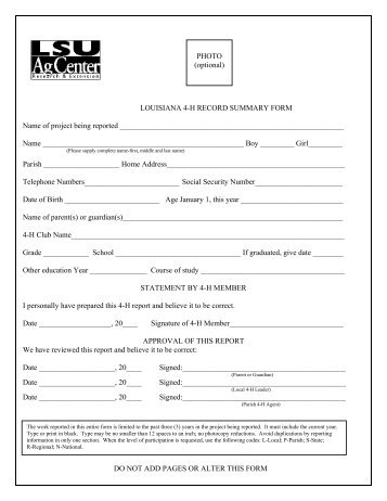 LOUISIANA 4-H RECORD SUMMARY FORM Name of project being ...