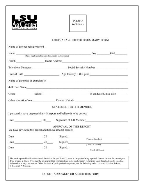 LOUISIANA 4-H RECORD SUMMARY FORM Name of project being ...