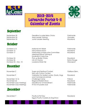 2013-2014 Lafourche Parish 4-H Calendar of Events