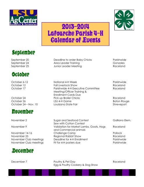 2013-2014 Lafourche Parish 4-H Calendar of Events