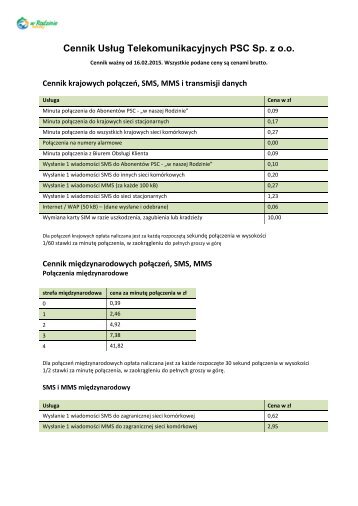 Cennik Usług Telekomunikacyjnych PSC Sp - W Naszej Rodzinie