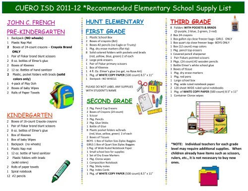 CUERO ISD 2011-12 *Recommended Elementary School Supply List