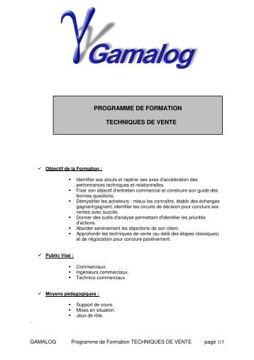 PROGRAMME DE FORMATION TECHNIQUES DE VENTE - GamaLog