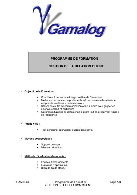 programme de formation gestion de la relation client - GamaLog