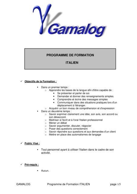 PROGRAMME DE FORMATION ITALIEN - GamaLog