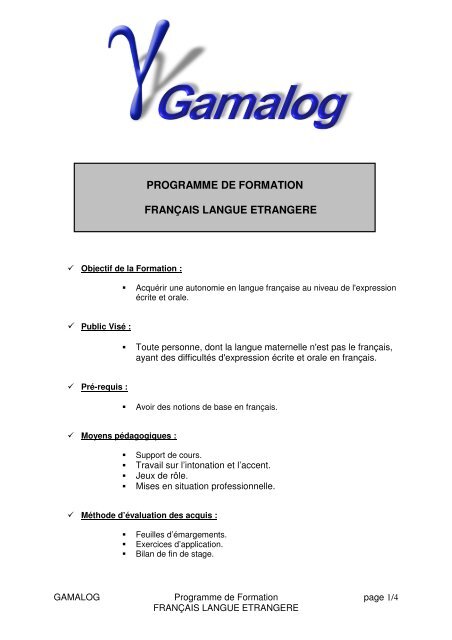 programme de formation franÃ§ais langue etrangere - GamaLog