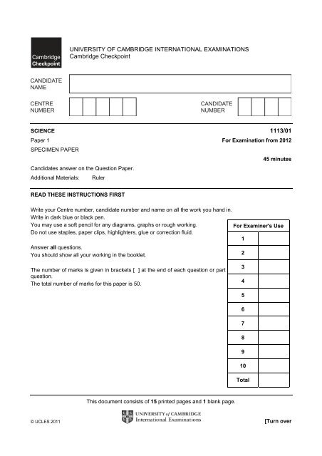 Cambridge Checkpoint Science P1 Specimen 2012