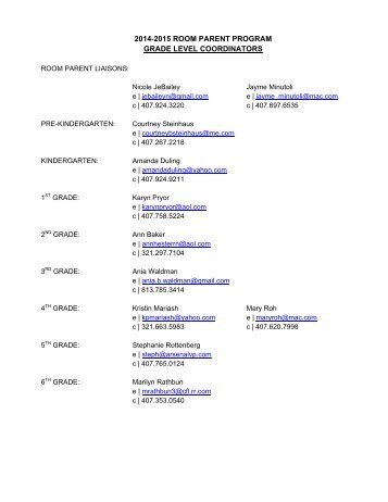 Lower School Grade Level Coordinators Room Parent Liaisons ...
