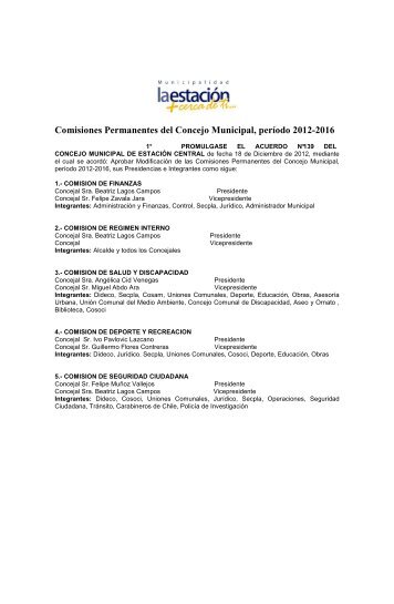 Comisiones Permanentes del Concejo Municipal, perÃ­odo 2012-2016