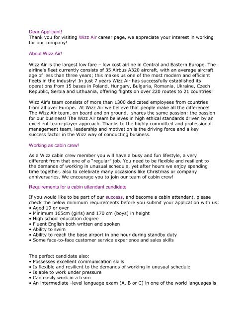 Dear Applicant About Wizz Air Working As Cabin Crew