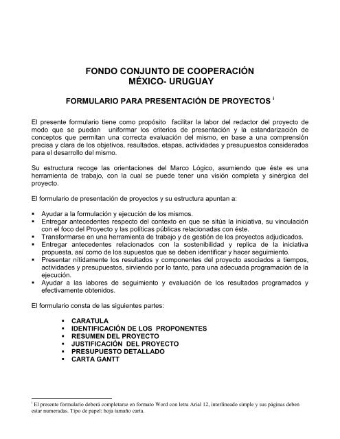 formulario de presentación de proyectos - Relaciones y Cooperación