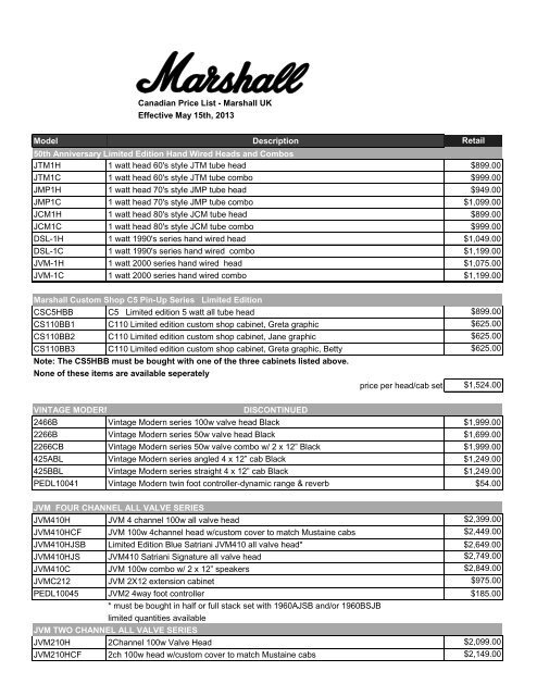 Canadian Price List - Marshall UK Effective May ... - Erikson Music