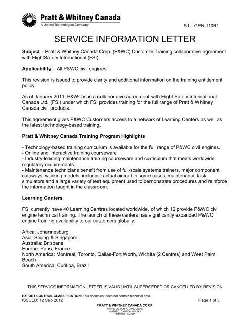 Service Information Letter Sil Gen 110 Pratt Amp Whitney Canada