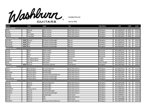 Canadian Price List Model Color Style Top Sides ... - Erikson Music