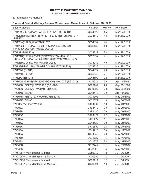 publications status report pratt & whitney canada