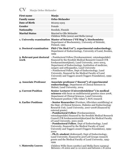 Cv Marju Orho Melander First Name Marju Family Name Orho