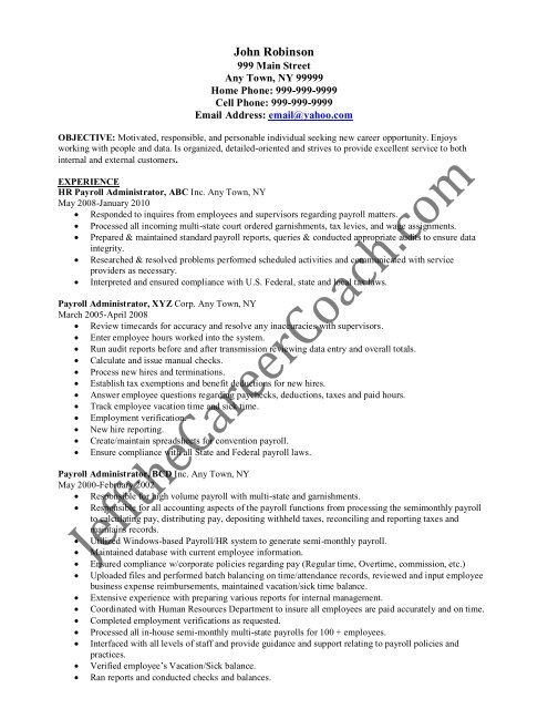 Hr Payroll Resume Sample