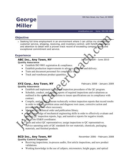 download the Quality Control Resume Sample Two in PDF.