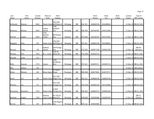 OPTICIANS OF MANITOBA 2012 List of Current Members