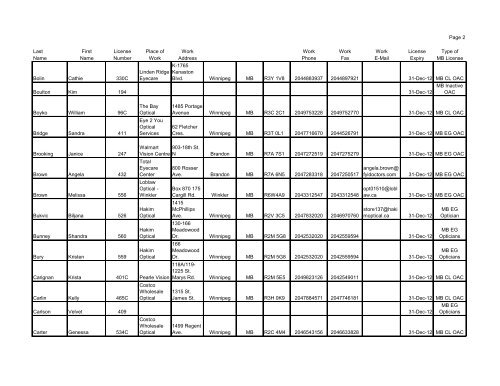 OPTICIANS OF MANITOBA 2012 List of Current Members