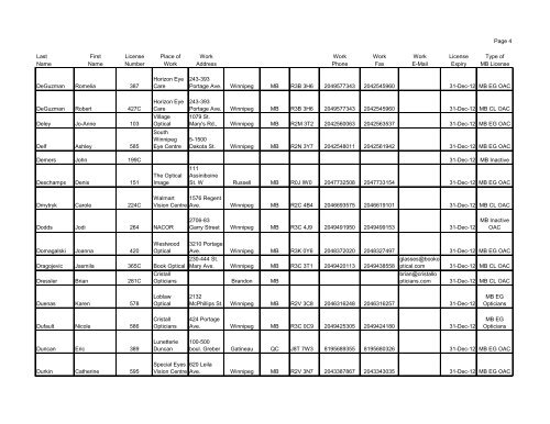 OPTICIANS OF MANITOBA 2012 List of Current Members